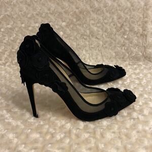 Max Kibardin Suede Black Pumps Shoes Flowers Applique Size 40 USA 10 BNWOB